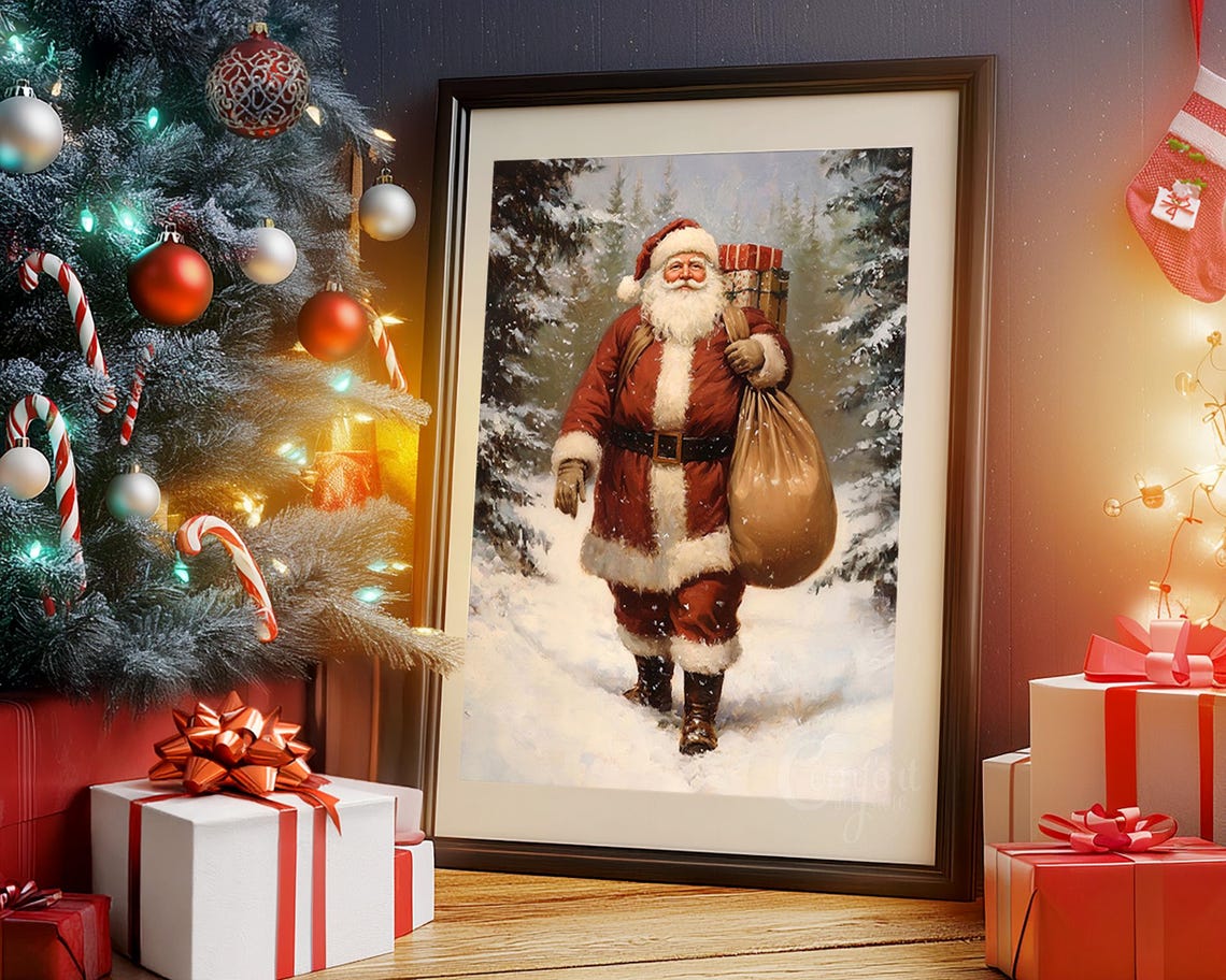 Vintage Santa Claus Walking Through a Snowy Forest with Gifts Poster - Image 4