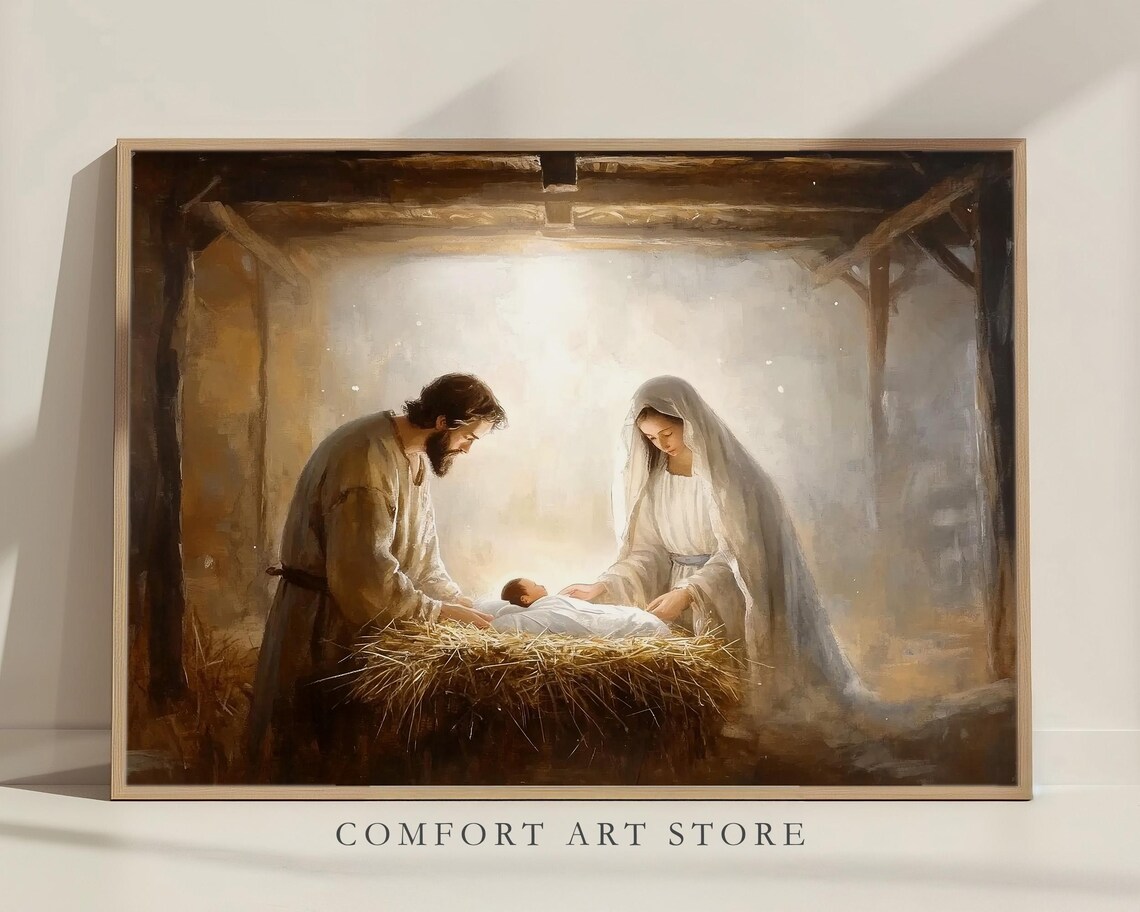 Mary and Joseph With Baby Jesus in the Manger Glowing Light Poster - Image 8