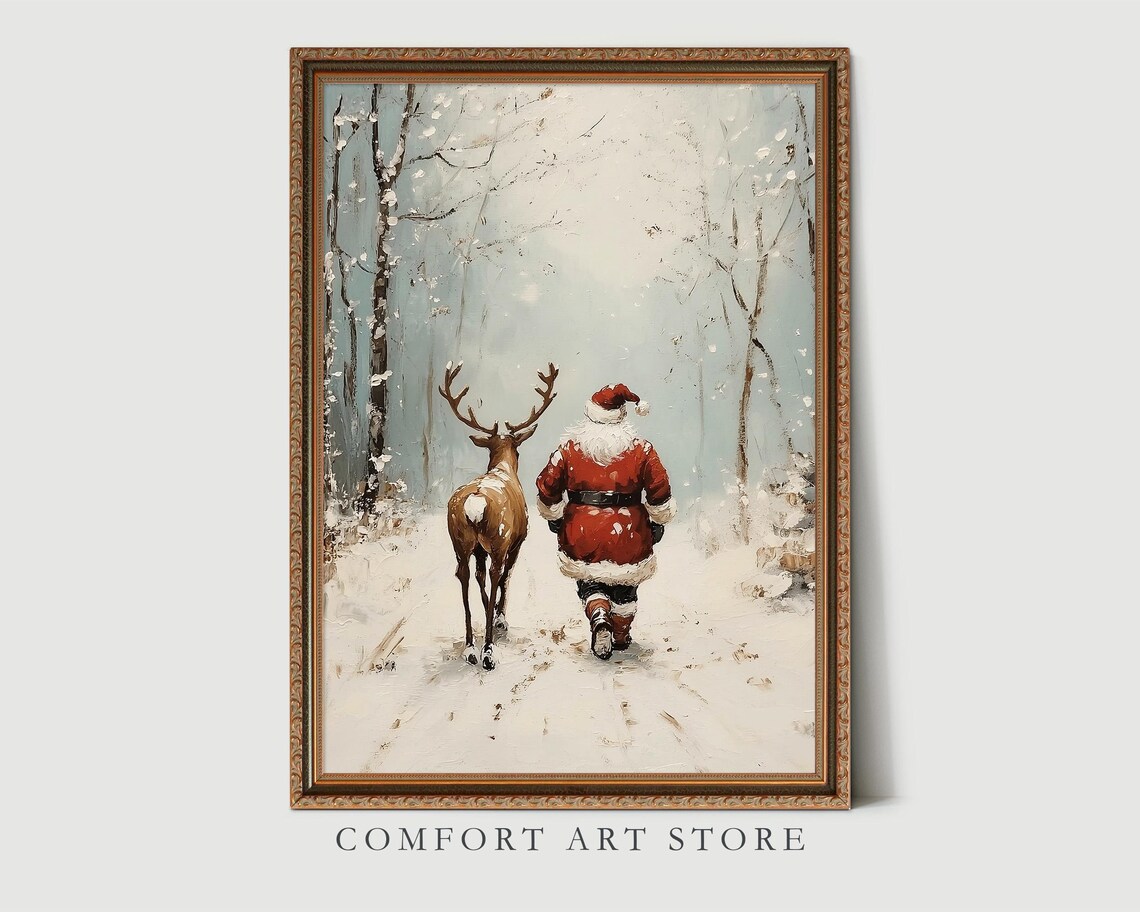 Antique Vintage Christmas Santa Claus Print Santa Claus Reindeer Wall Art Christmas Scene Neutral Print Holiday Winter Landscape - Image 4
