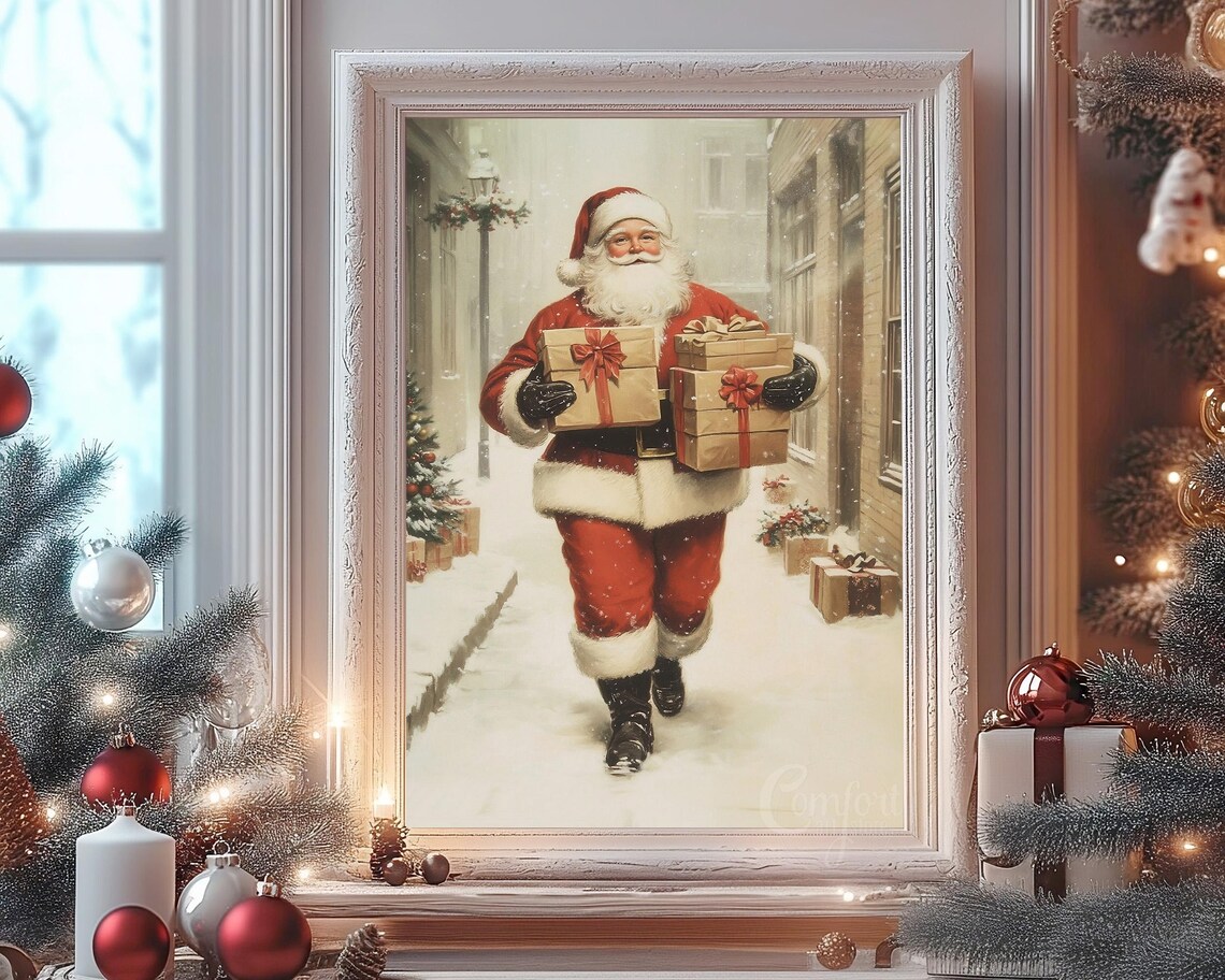 Cheerful Santa Claus Carrying Tall Stacks of Wrapped Gifts Wall Art - Image 4