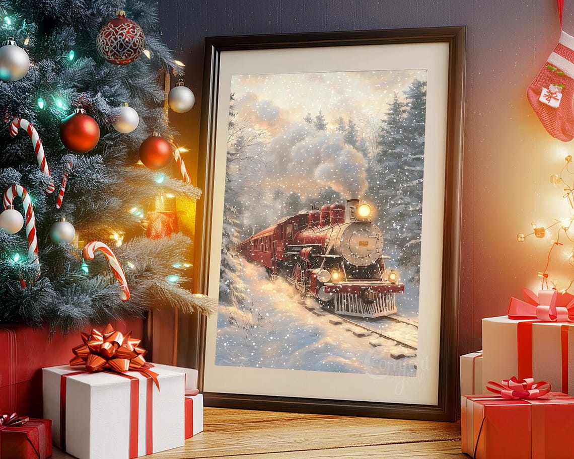 Classic Red Steam Engine in Snowy Pine Forest Snowstorm Wall Art - Image 6