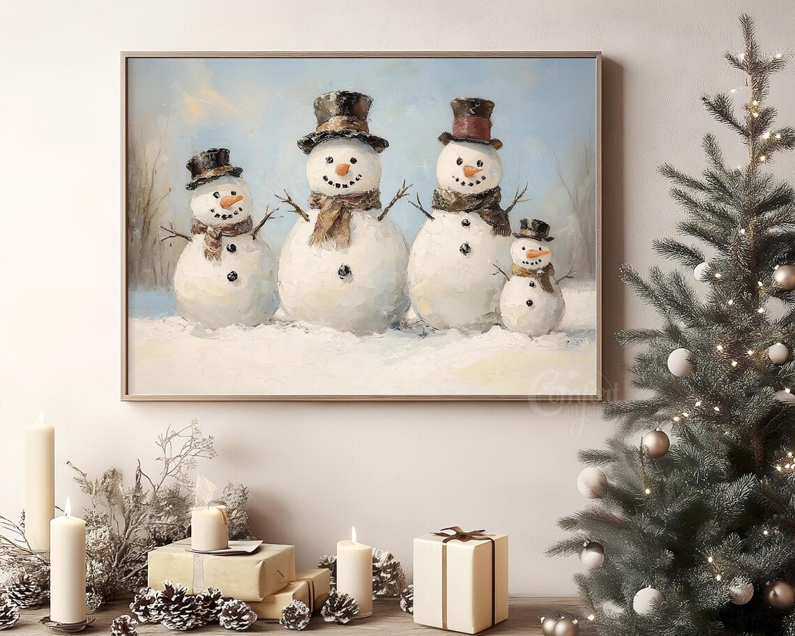 Cheerful Snowman Family with Top Hats and Scarves Winter Poster - Image 8
