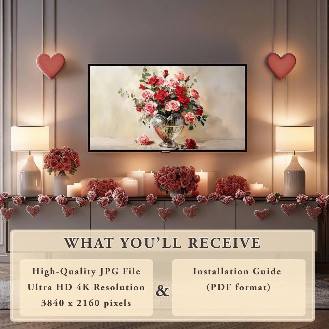 Vintage Valentines Bouquet Art Print, Romantic Decor