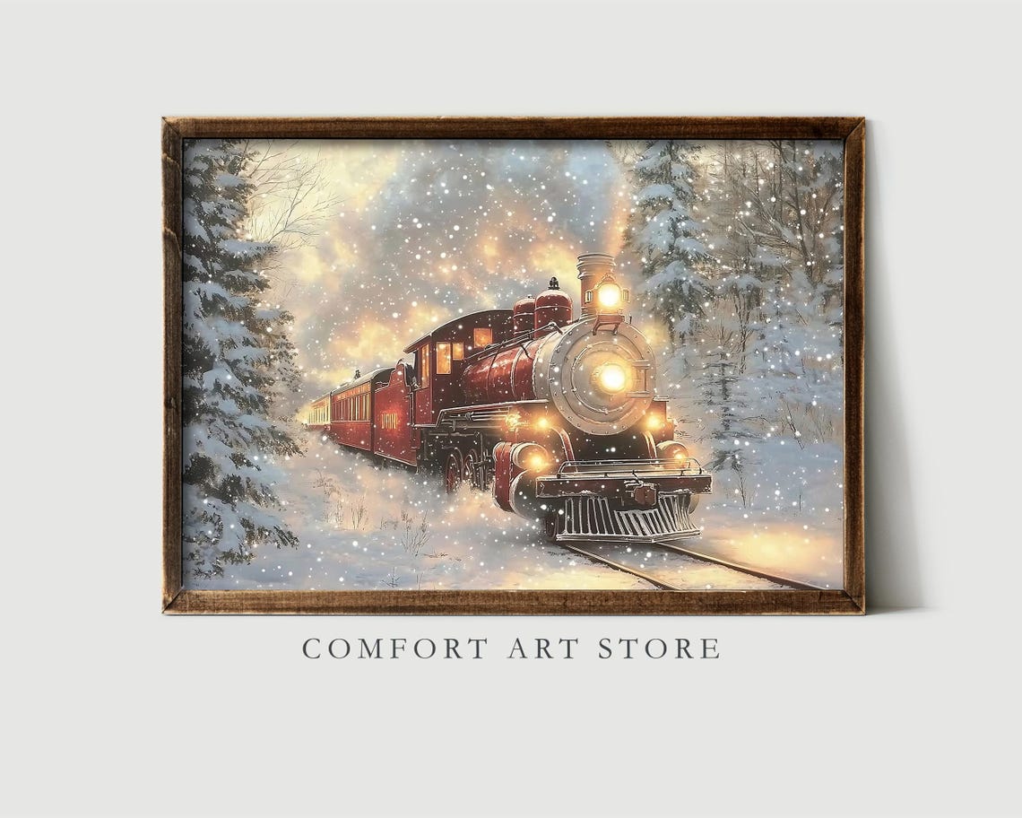 Red Steam Locomotive in Snowy Winter Forest at Dusk Wall Art - Image 2