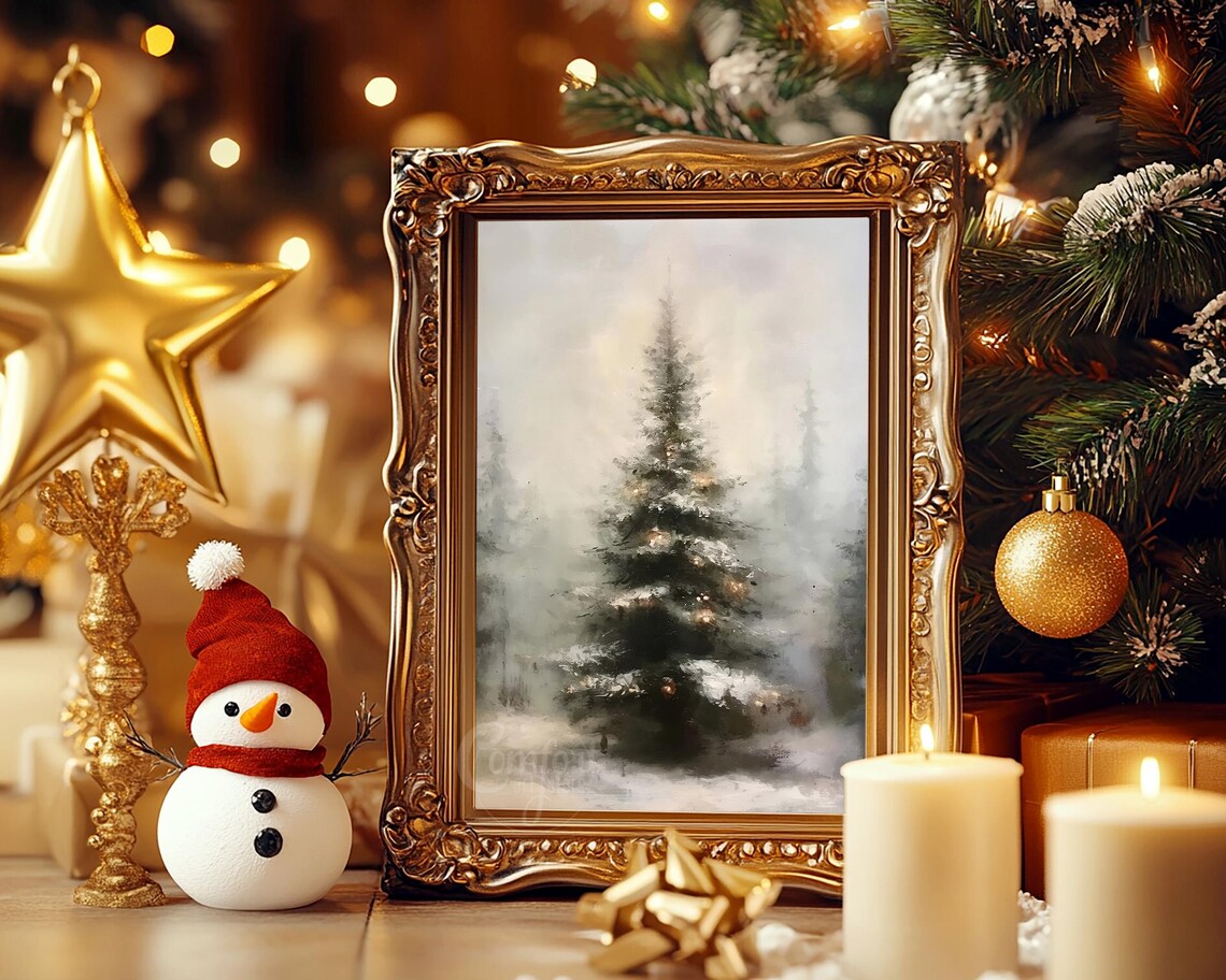 Misty Evergreen Tree Warm Lights Dreamy Snowy Forest Painting Poster - Image 5