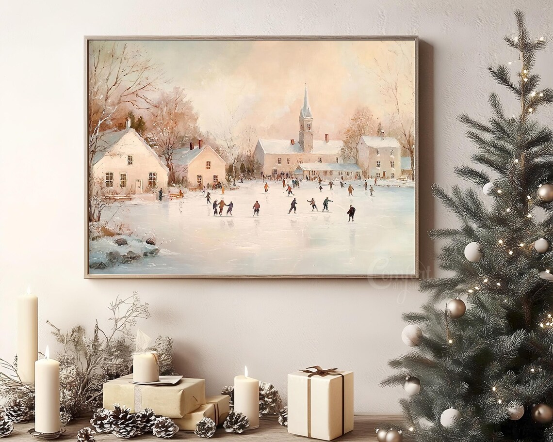 Frozen Pond Ice Skating Scene in Snowy Village Winter Wall Art - Image 8