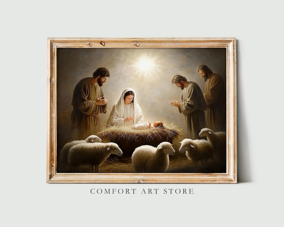 Holy Family Nativity Scene with Shepherds and Sheep Art Poster