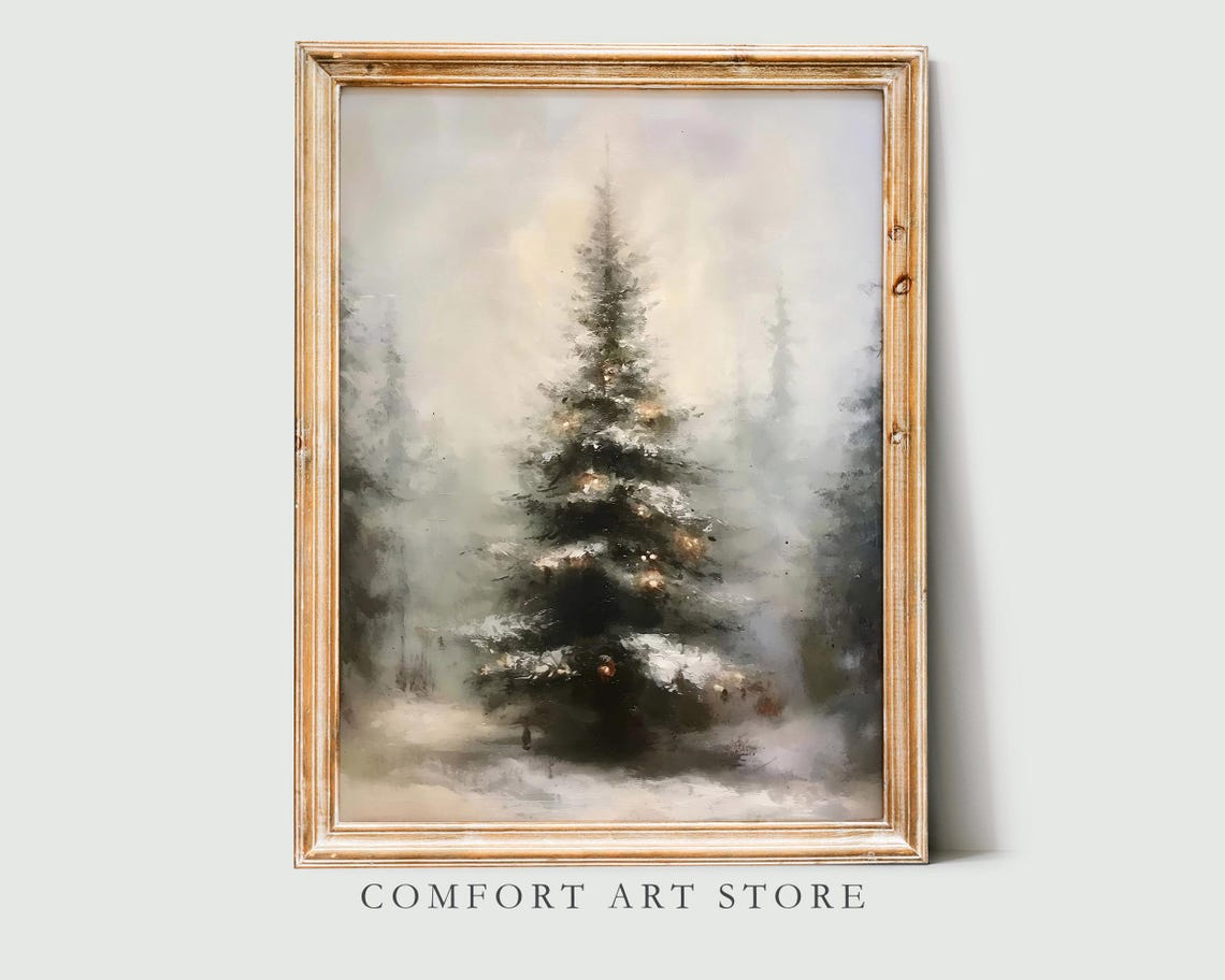 Misty Evergreen Tree Warm Lights Dreamy Snowy Forest Painting Poster