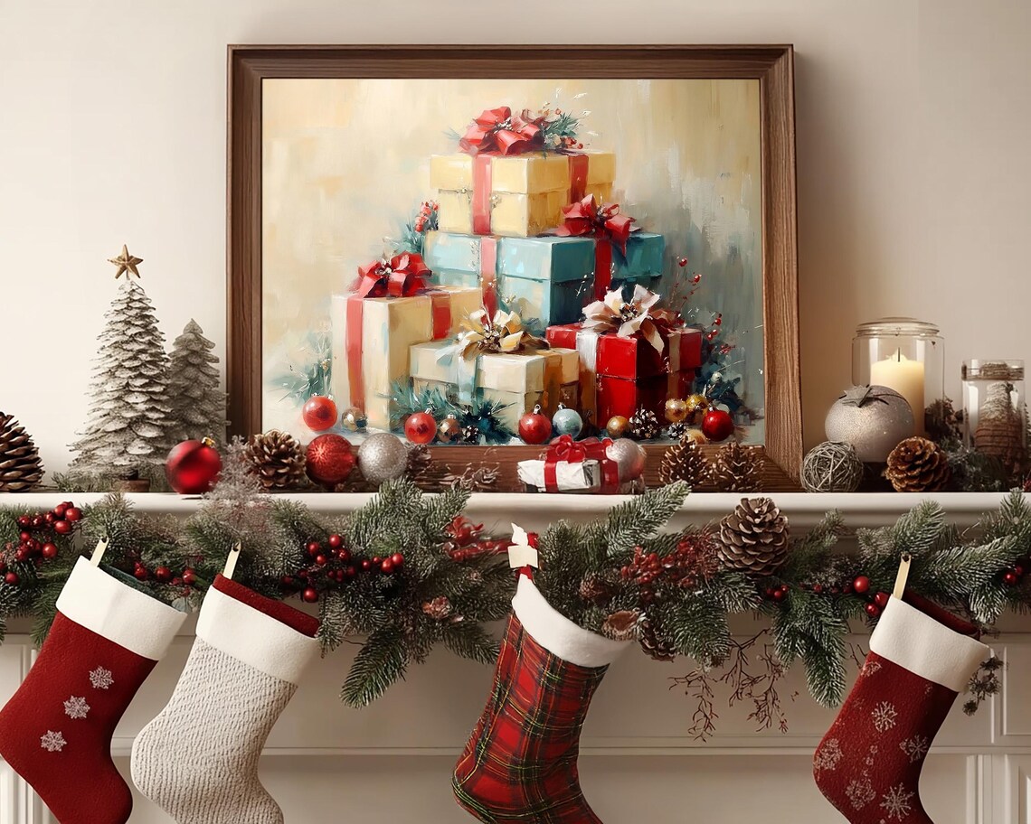 Stack of Christmas Gifts with Ribbons Vintage Holiday Poster - Image 6