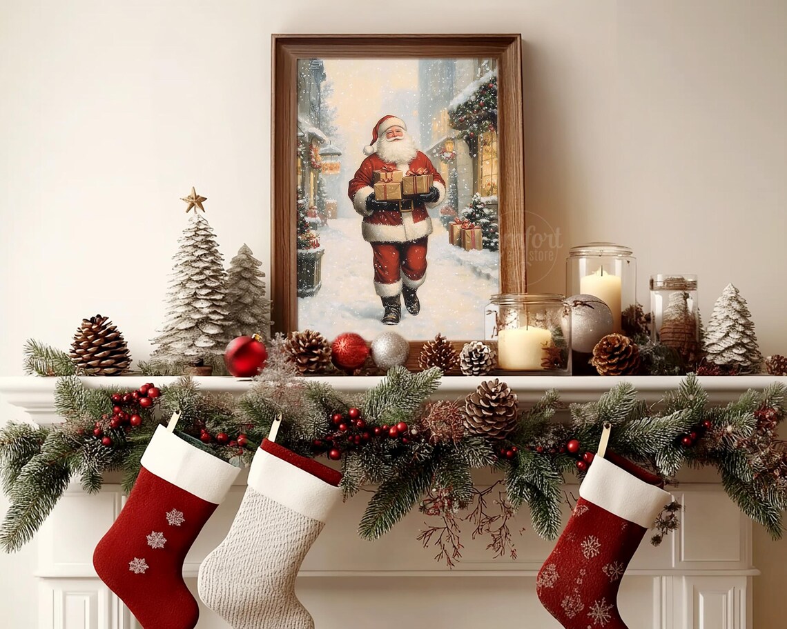 Santa Claus with Armful of Gifts in Snowy Village Street Wall Art - Image 4