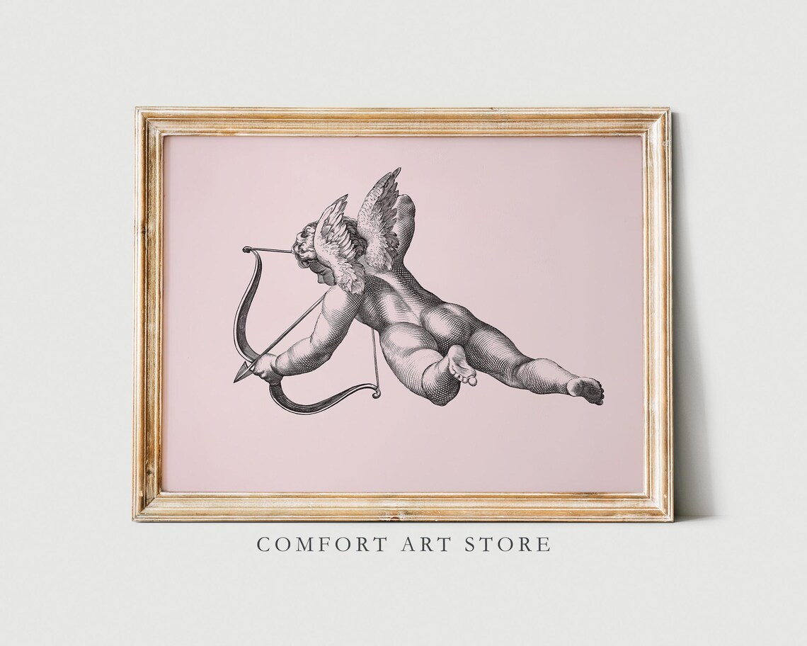 Cupid Cherub Engraving Pink Background Vintage Valentine Art Poster - Image 6