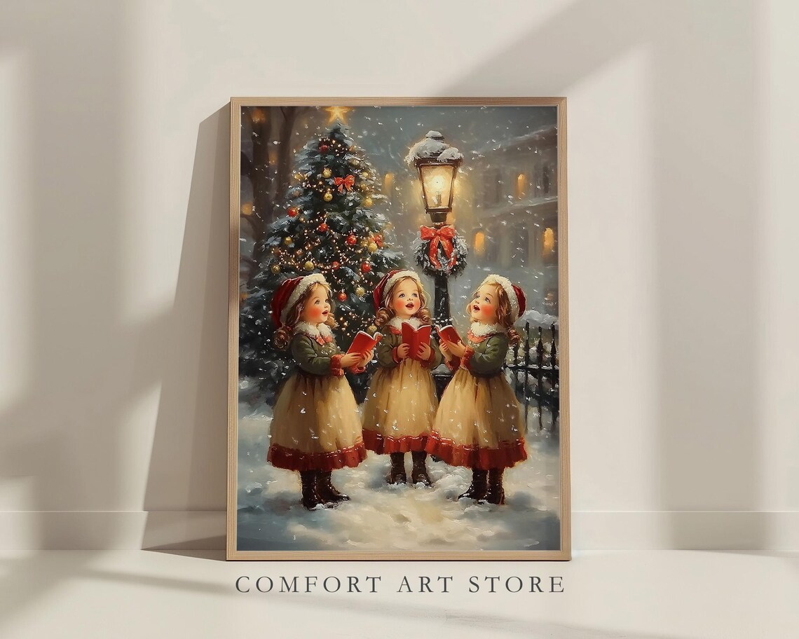 Victorian Girls Caroling in the Snow Vintage Christmas Poster - Image 4