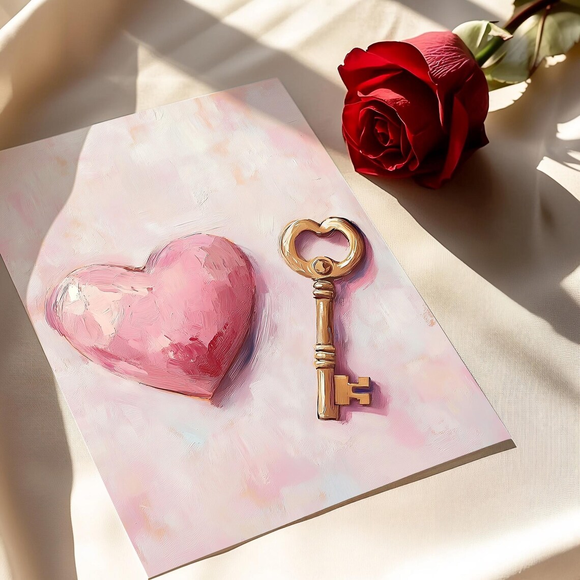 Pink Heart and Golden Skeleton Key Romantic Valentine Art Poster - Image 5