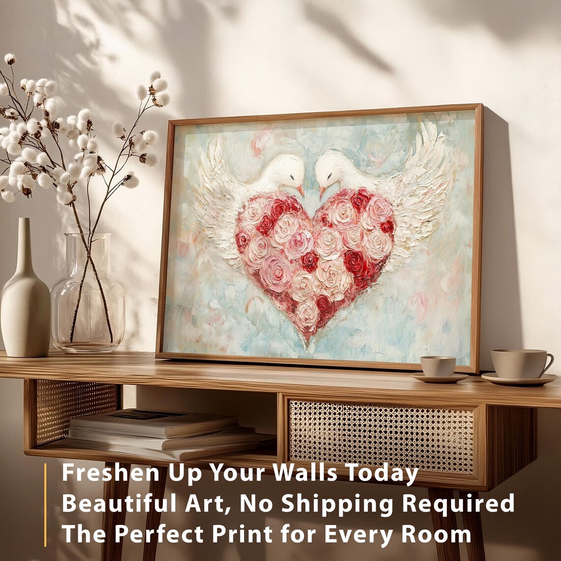 White Doves Rose Heart Impasto Painting Romantic Valentine Wall Poster - Image 5