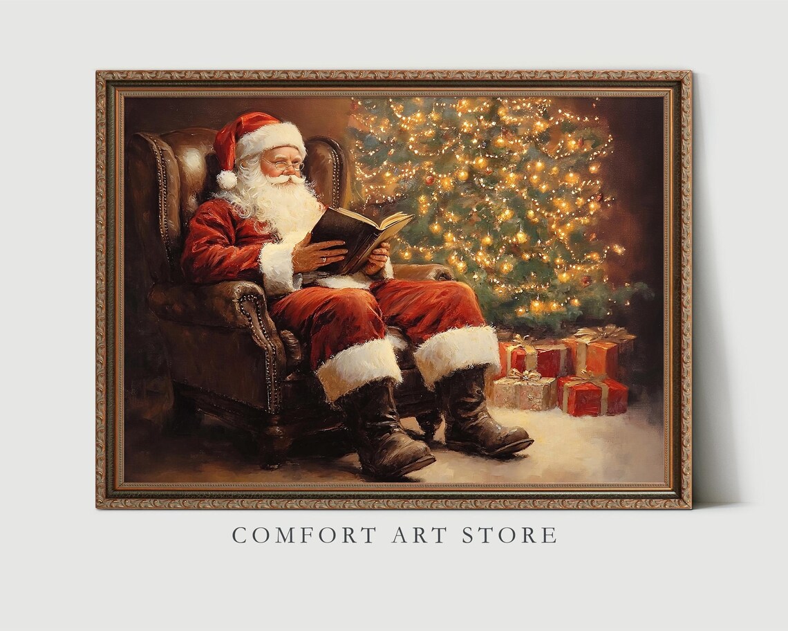 Jolly Santa Claus Reading a Book Beside Lit Christmas Tree Poster - Image 4