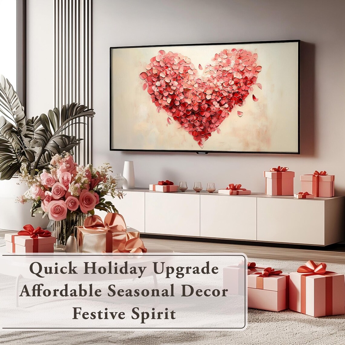 Red Pink Petal Heart Art Oil Painting Romantic Valentines Decor Poster - Image 5