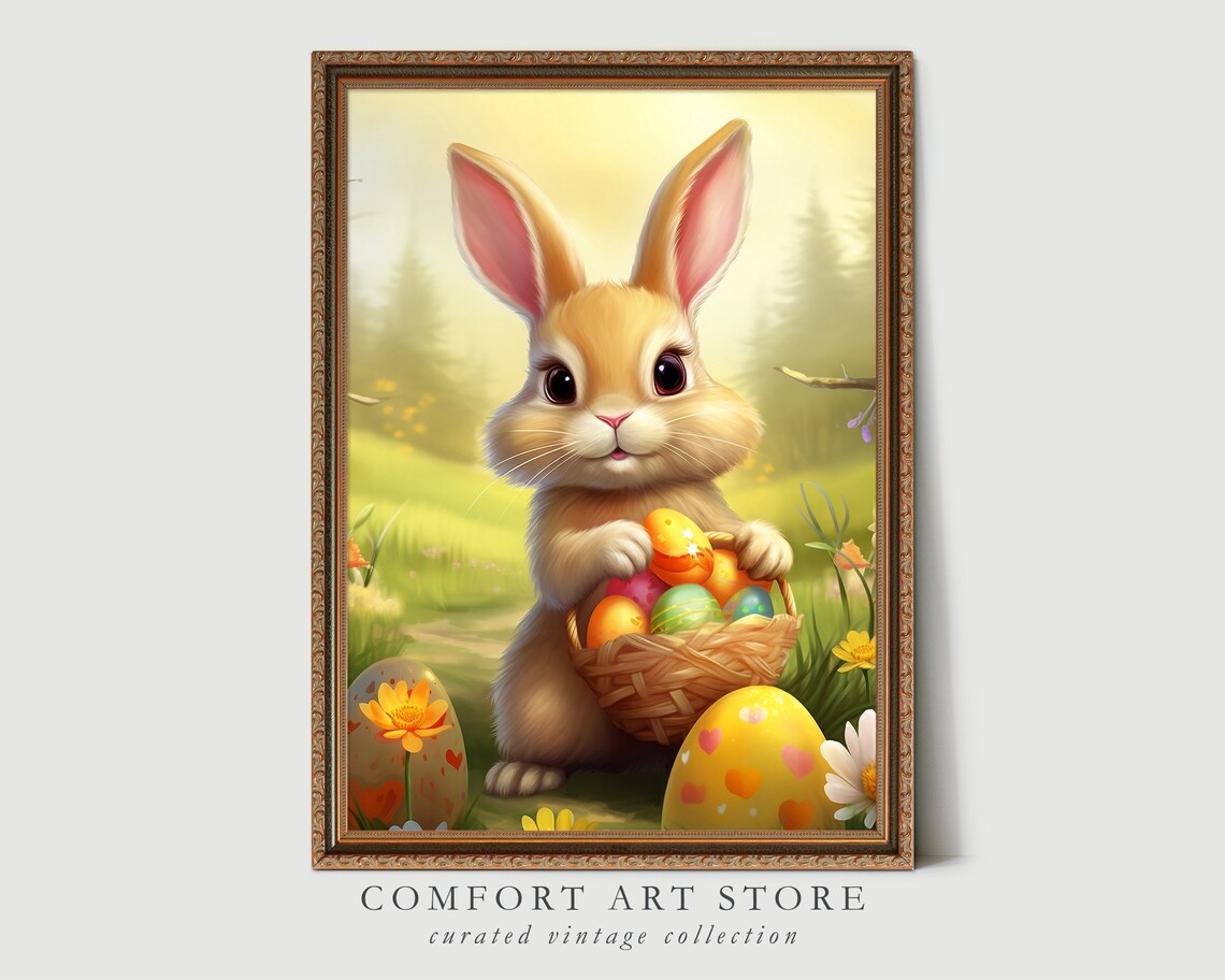 Adorable Bunny Holding Easter Egg Basket in Spring Meadow Wall Art - Image 8