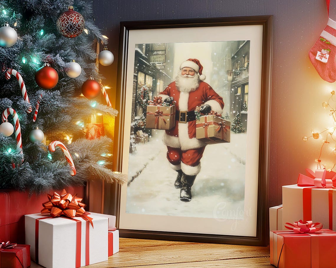Santa Claus Print Vintage Christmas Wall Art Christmas Snowy Street Print Winter Holiday Decor Antique Christmas Gift Neutral Santa Wall Art - Image 5