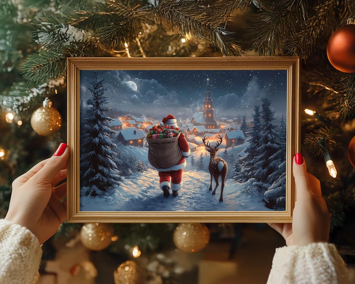 Christmas Wall Art Santa Claus Reindeer Print Dark Academia Winter Village Scene Snowy Holiday Decor Vintage Christmas Painting - Image 4