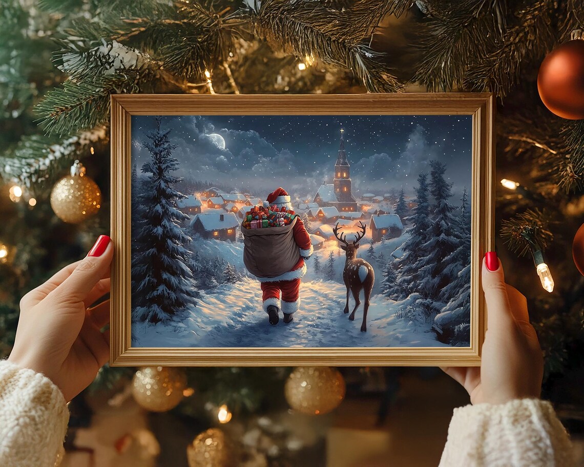 Santa Claus and Reindeer Walking to a Snowy Village Night Poster - Image 4