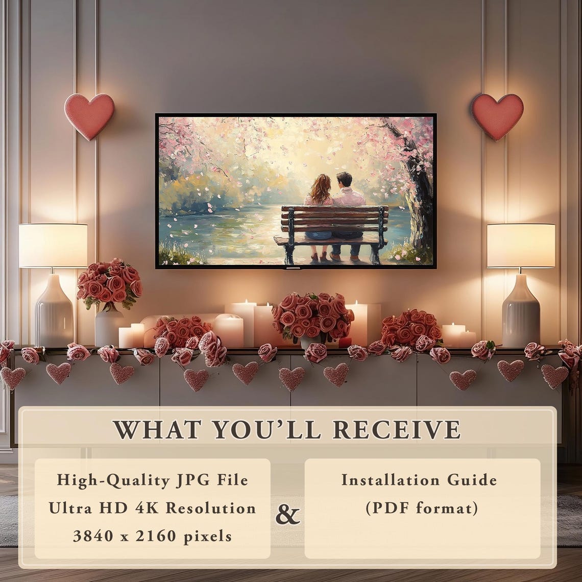 Couple Bench Cherry Blossom River Romantic Painting Decor Poster - Image 6
