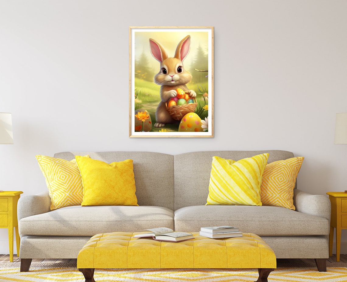 Adorable Bunny Holding Easter Egg Basket in Spring Meadow Wall Art - Image 2