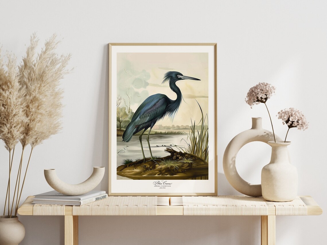 Blue Crane Heron in the Marsh Vintage Audubon Bird Art Poster - Image 2