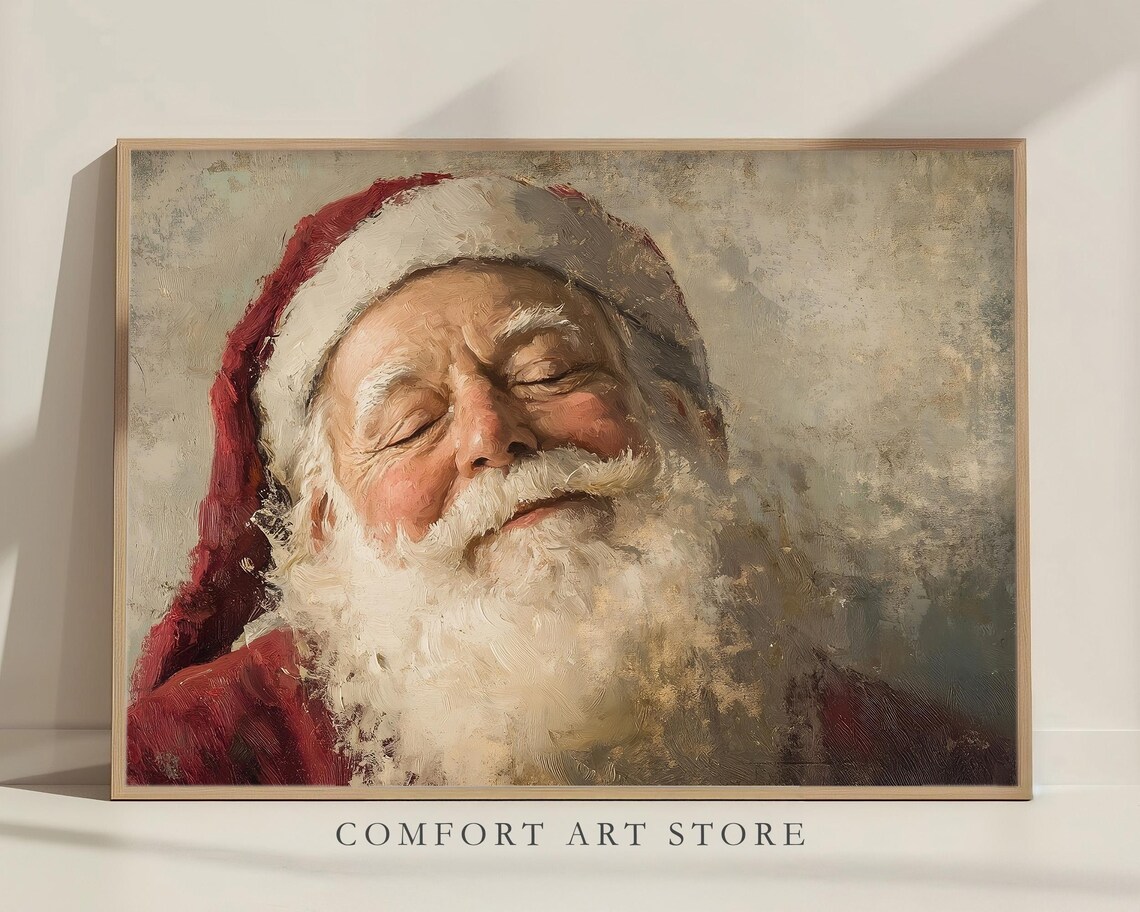Antique Vintage Santa Claus Portrait Print Smiling Santa Claus Close Up Portrait Wall Art Christmas Scene Painting Neutral Print - Image 5