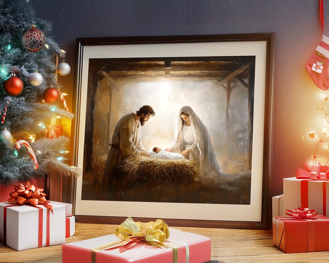 Mary and Joseph With Baby Jesus in the Manger Glowing Light Poster - Image 6