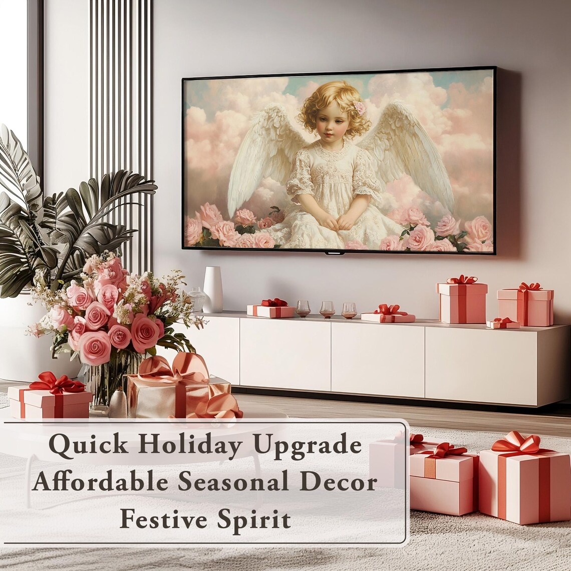 Cherubic Angel With Pink Roses Vintage Frame TV Art Romantic Poster - Image 5