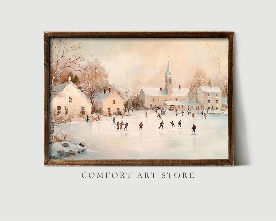 Frozen Pond Ice Skating Scene in Snowy Village Winter Wall Art - Image 6