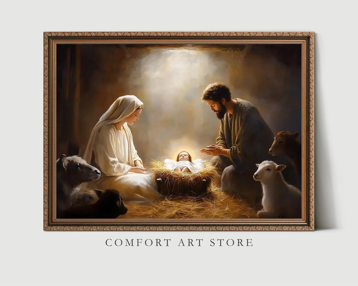 Nativity Scene With Mary Joseph and Baby Jesus in the Manger Poster - Image 3