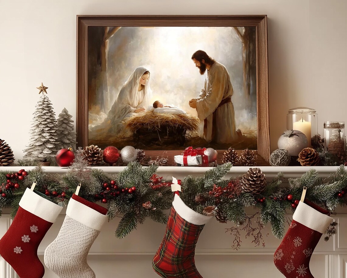 Mary and Joseph Adoring Baby Jesus in the Manger Stable Poster - Image 7