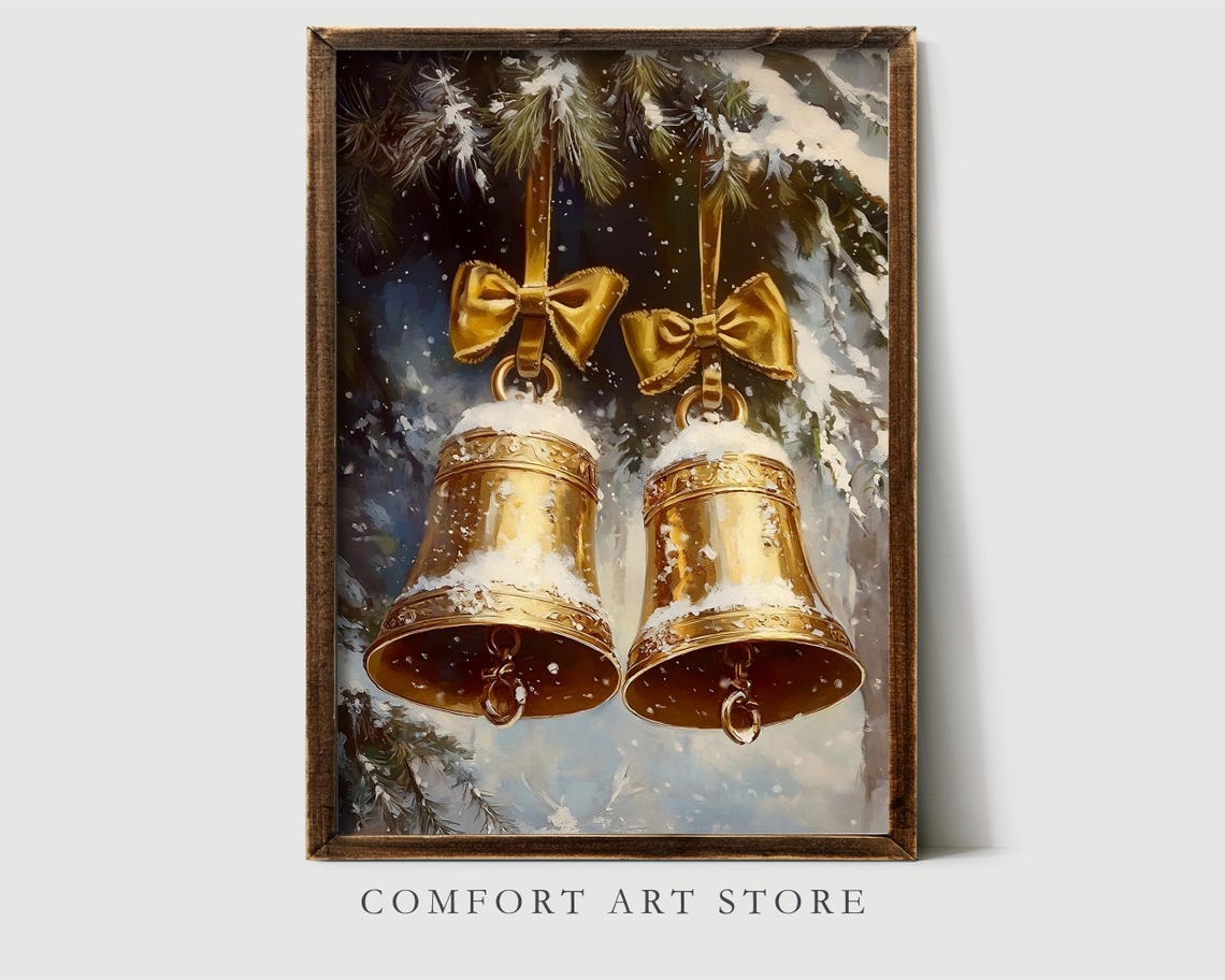 Golden Christmas Bells With Bows Hanging in the Snow Vintage Poster - Image 2