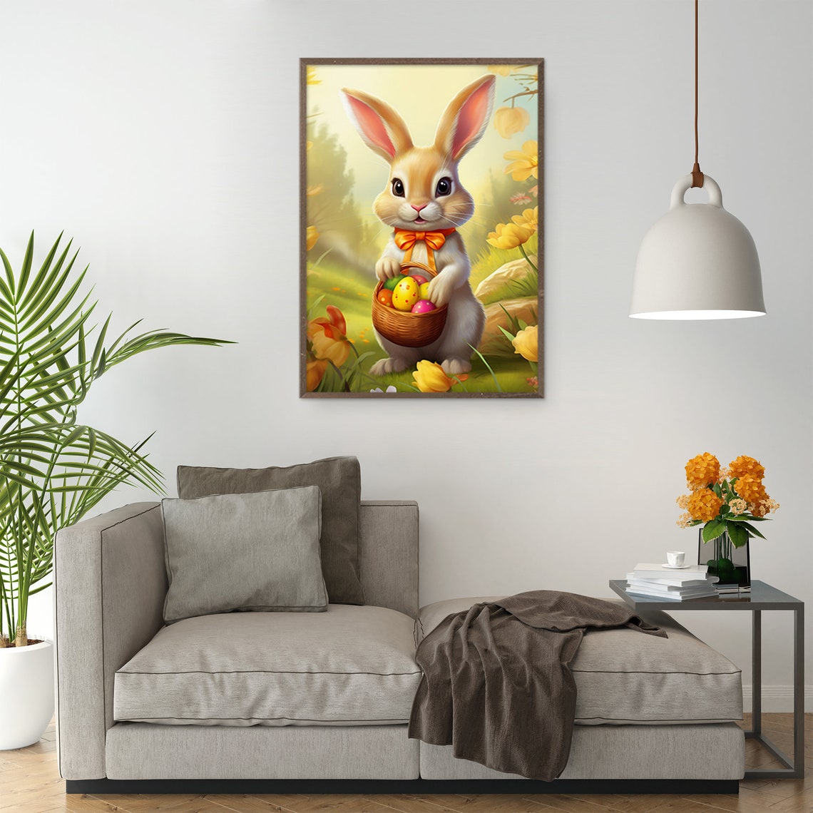 Cute Easter Bunny with Basket of Painted Eggs in Spring Wall Art - Image 5
