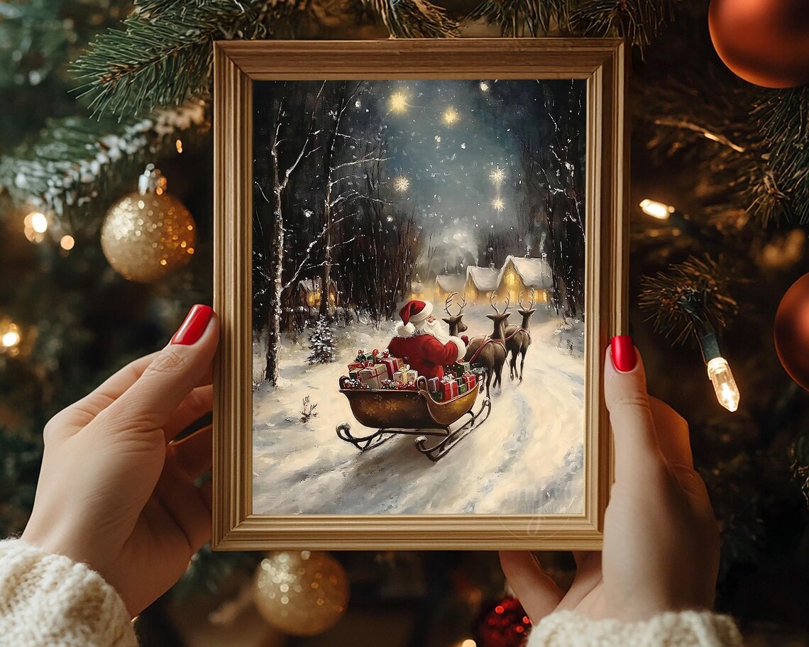 Santa Claus Sleigh Reindeer Snowy Village Starry Night Classic Poster - Image 6