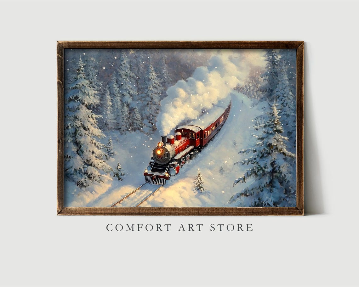 Red Steam Train Traveling Through a Snowy Winter Forest Poster - Image 2