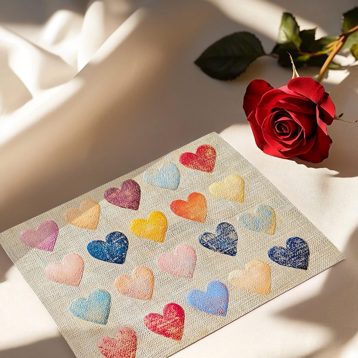 Valentines Stitched Fabric Hearts Grid Rustic Farmhouse Print - Image 3