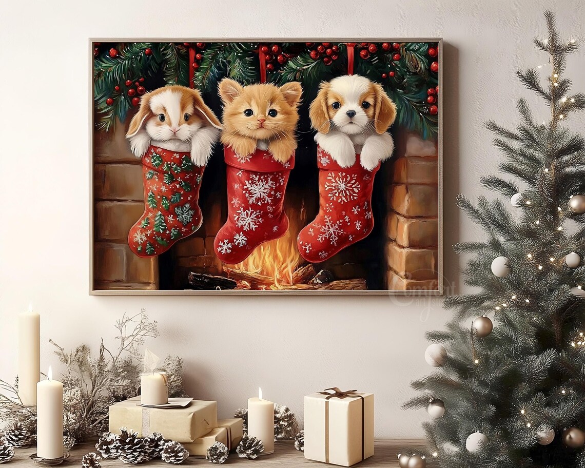 Bunny Kitten and Puppy Peeking from Christmas Stockings Art Poster - Image 8