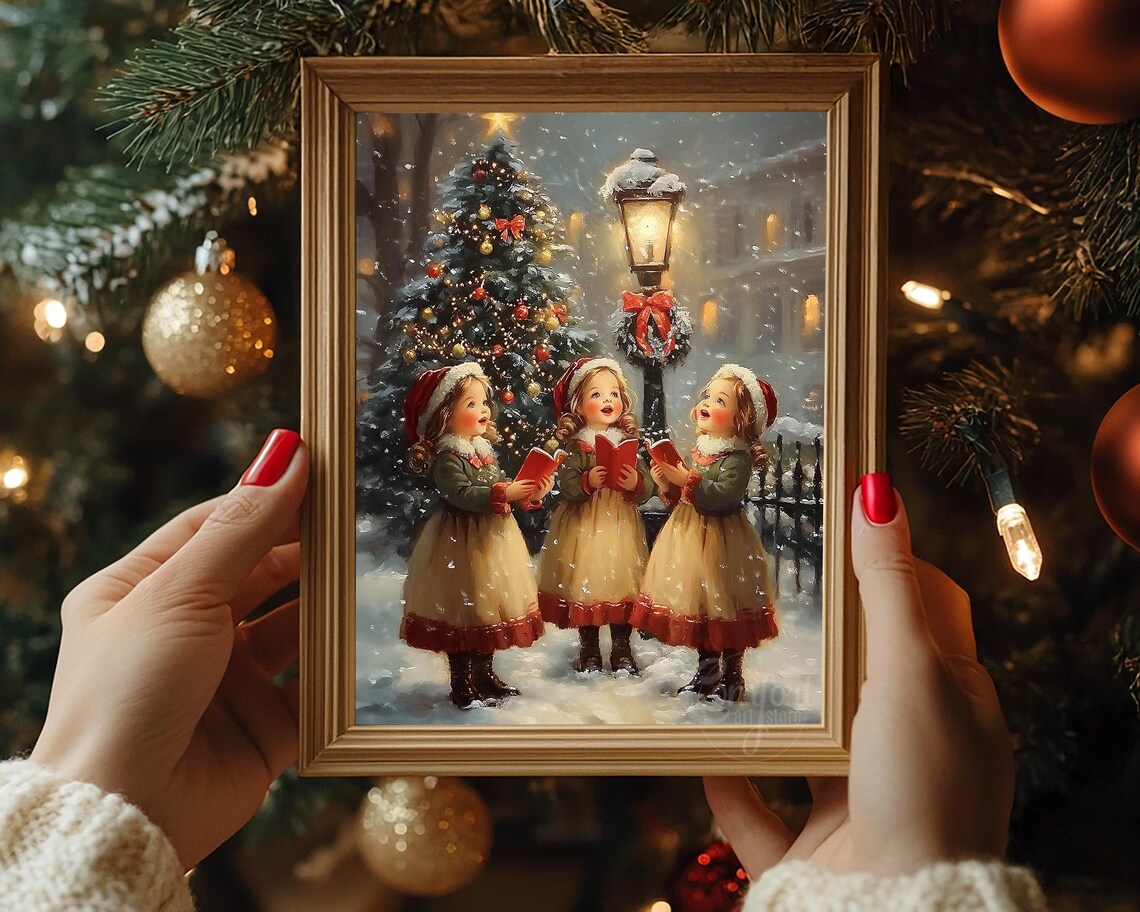 Victorian Girls Caroling in the Snow Vintage Christmas Poster - Image 3