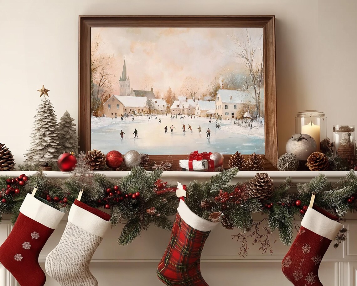 Winter Skaters on Frozen Lake by Village Church Steeple Wall Art - Image 3