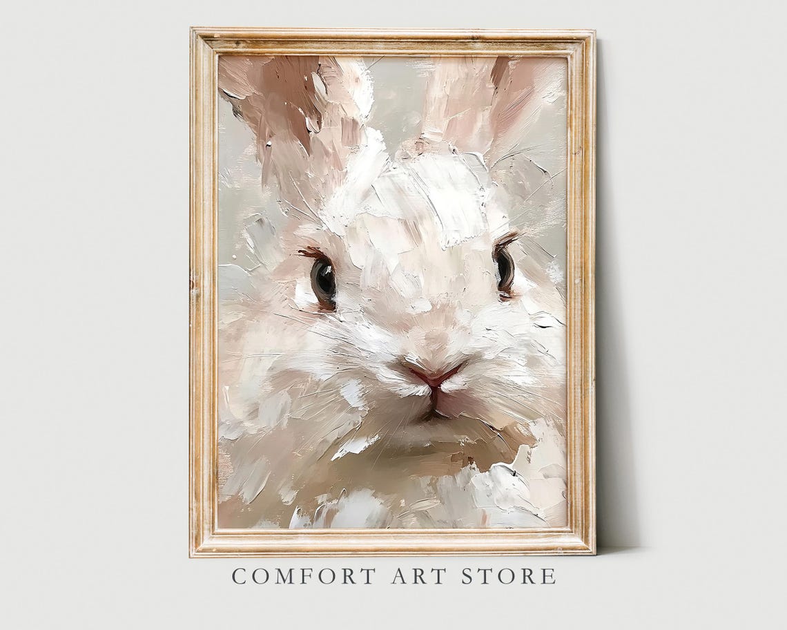Easter Bunny Print Cute Easter Rabbit Close Up Neutral Spring Impasto Easter Bunny Nursery Wall Art Vintage Easter Decor Bunny Art