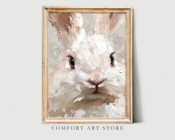 Easter Bunny Print Cute Easter Rabbit Close Up Neutral Spring Impasto Easter Bunny Nursery Wall Art Vintage Easter Decor Bunny Art