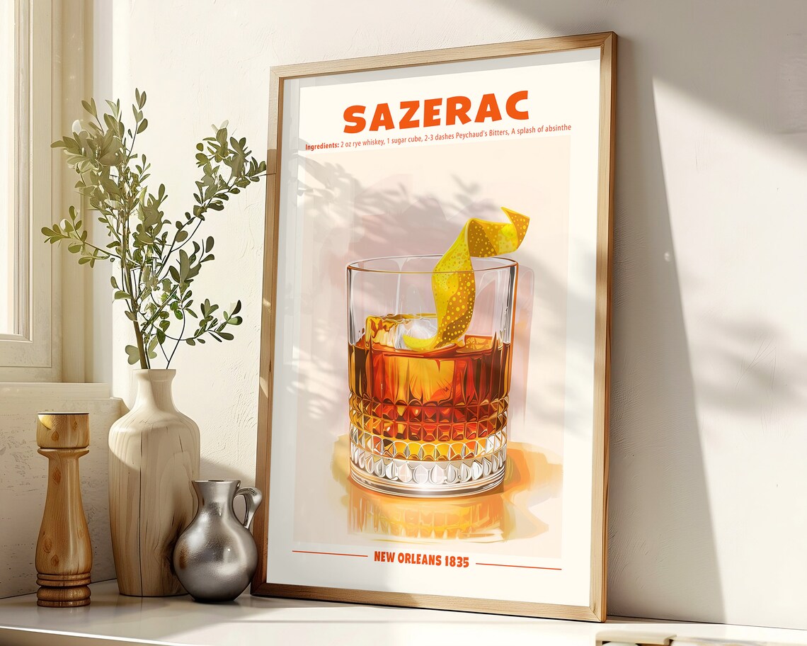 Sazerac Cocktail Recipe Retro Poster New Orleans Bar Cart Wall Art - Image 4