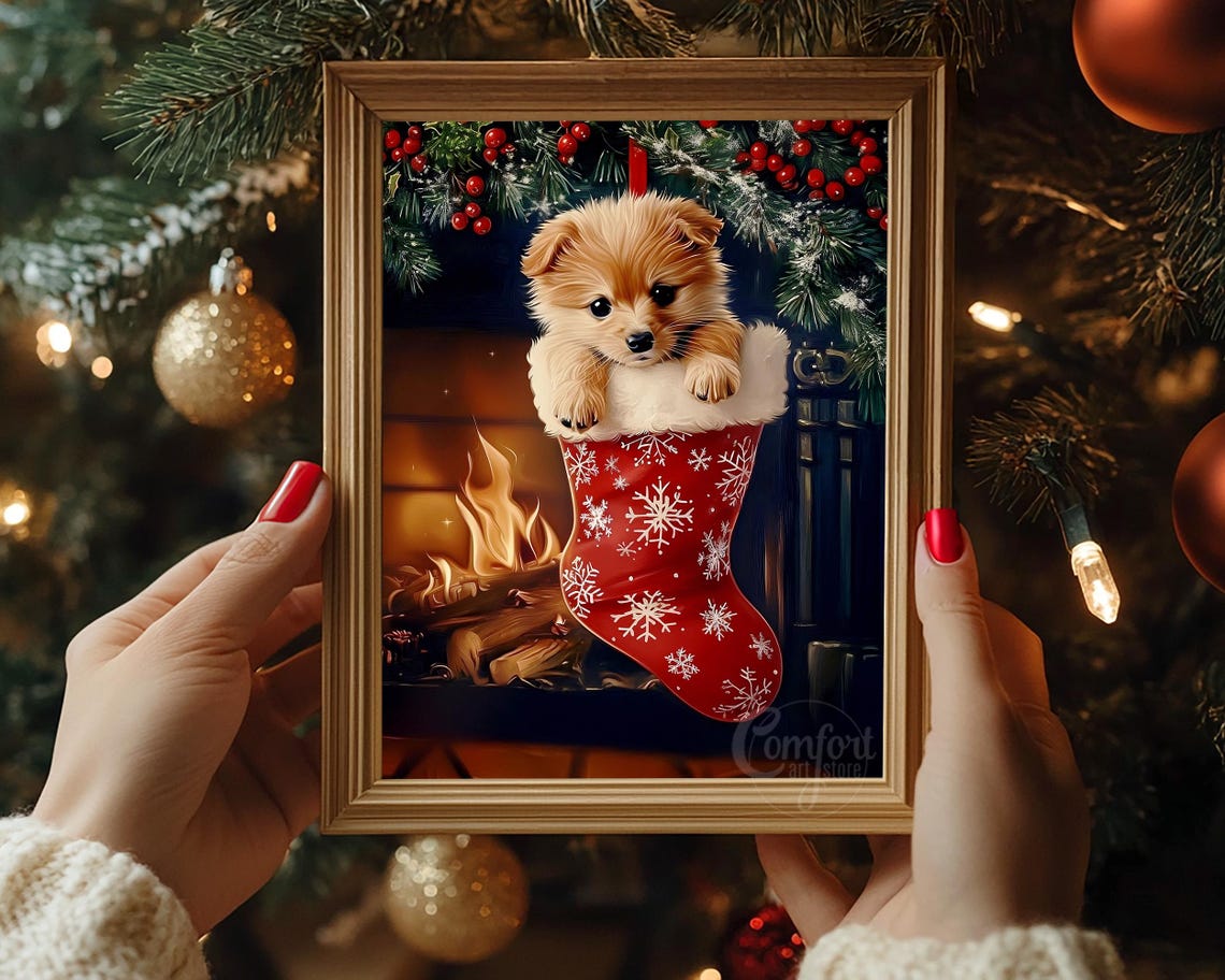 Adorable Puppy Peeking from Christmas Stocking by Fireplace Poster - Image 7