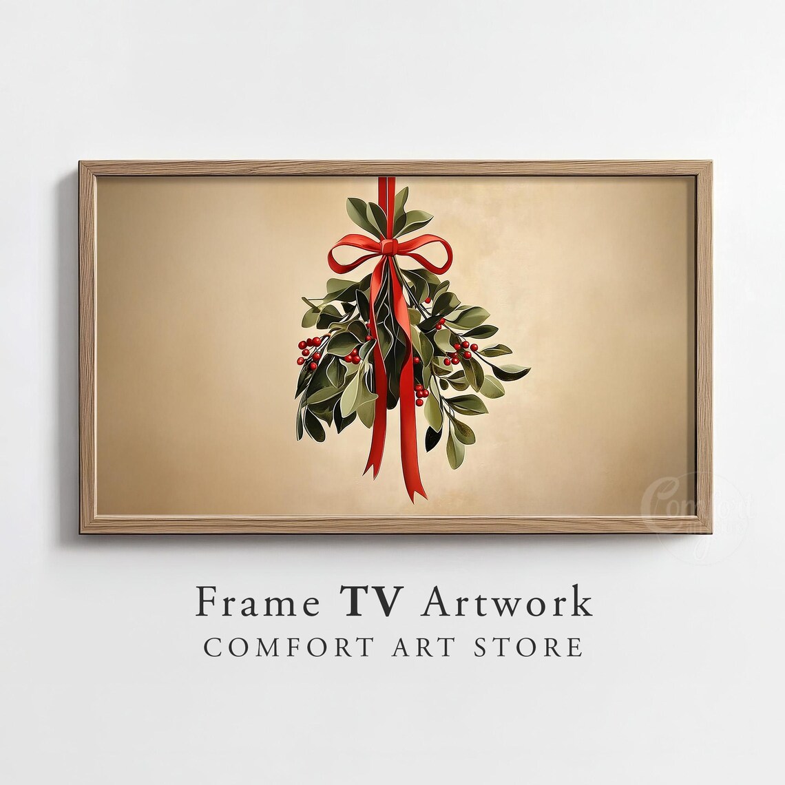 Christmas Mistletoe With Red Bow on a Warm Beige Vintage Poster
