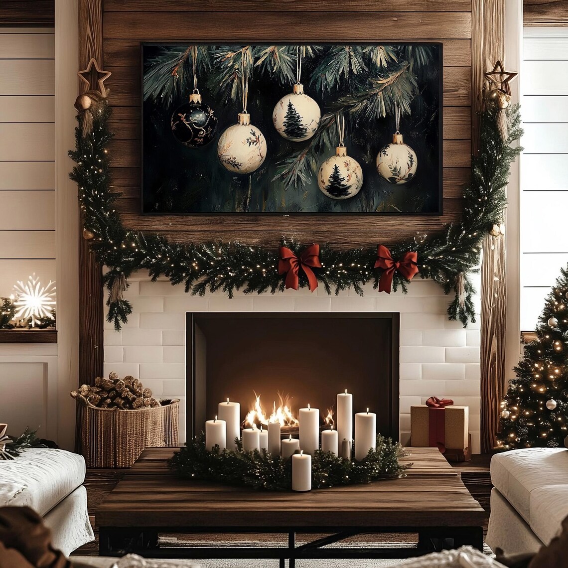 Christmas Ornaments Hanging on Dark Pine Branches Moody Poster - Image 7