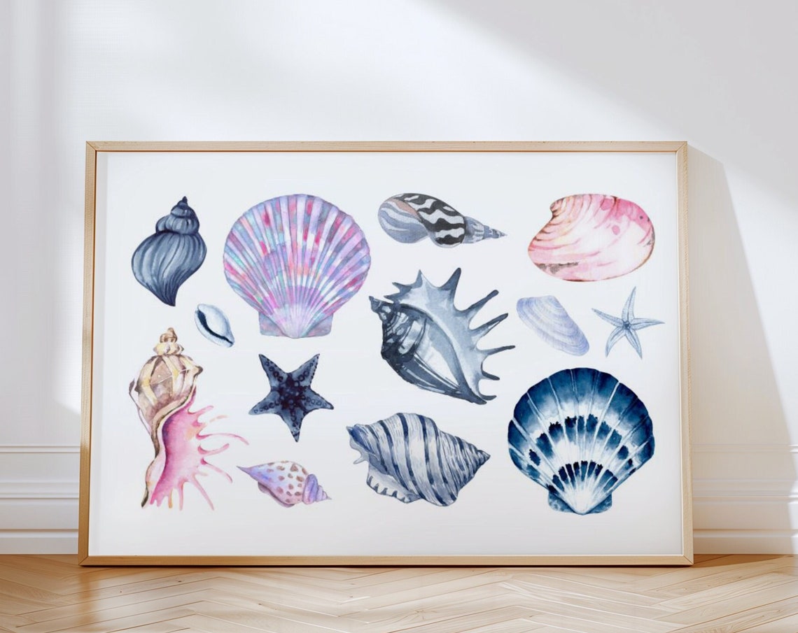 Watercolor Seashell Starfish Collage Pastel Coastal Beach Wall Art
