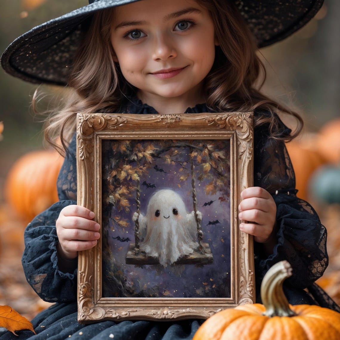 Cute Halloween Print On Swing Illustration Autumn Bat Decor Kawaii Cosy Spooky Portrait Art
