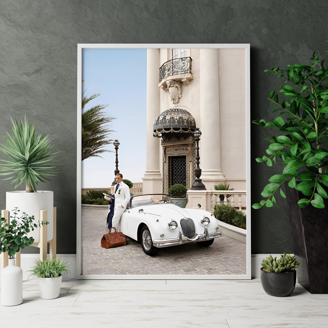 Old Money Gentleman in White Suit Beside Vintage White Convertible Car Poster